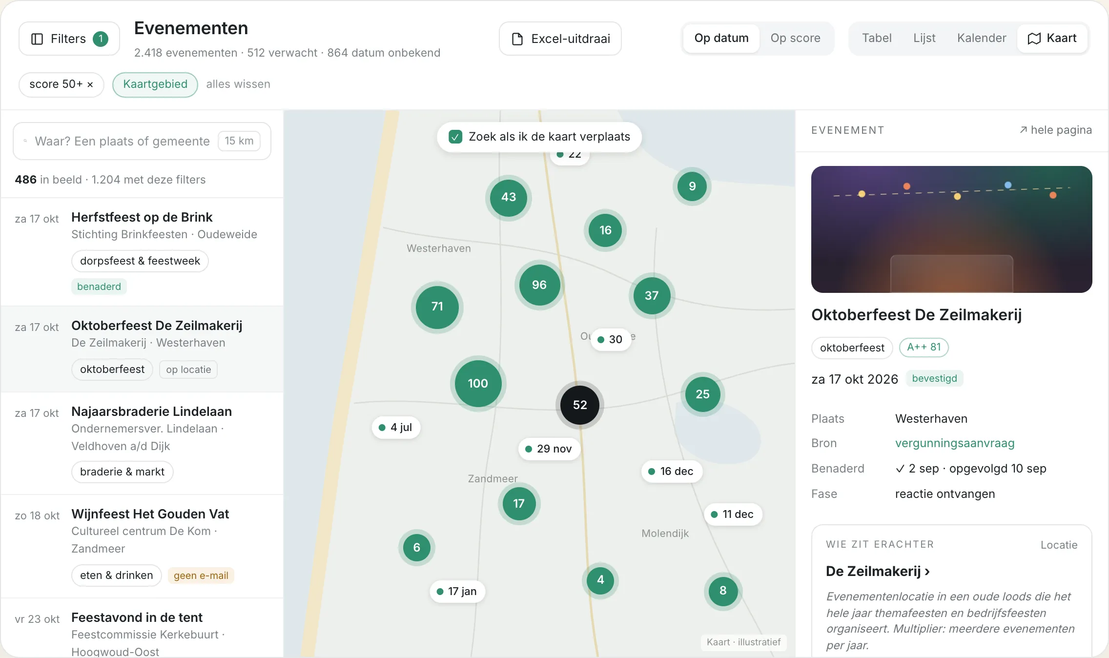 Illustratie van het platform: een lijst evenementen, een kaart met aantallen per gebied en de details van één evenement met de organisator erachter