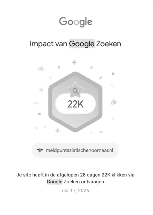 Melding van Google Search Console: meldpuntaziatischehoornaar.nl kreeg in de afgelopen 28 dagen 22.000 klikken via Google Zoeken.